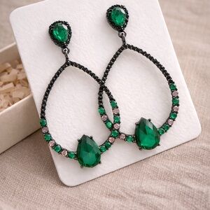 Emerald Green Crystal Teardrop Statement Earrings | Black Tone Rhinestone Hoop